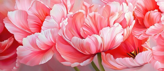 Close up of vibrant pink tulips with white stripes in full bloom showcasing the beauty of spring flowers and colorful floral arrangements