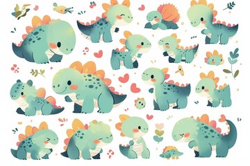 A playful collection of cute dinosaur illustrations with hearts and plants.
