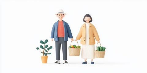 Obraz premium Cheerful couple holding baskets of fresh produce and a potted plant indoors.