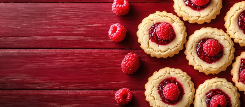 Butter cookies filled with raspberry on a vibrant red wooden surface with fresh raspberries scattered around for a delightful treat presentation.