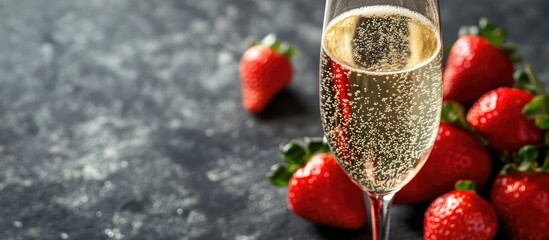 Fototapeta premium Champagne in a flute paired with fresh strawberries on a dark celebratory background ideal for festive occasions and promotions.
