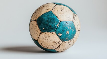 Worn teal and cream soccer ball on a plain background.
