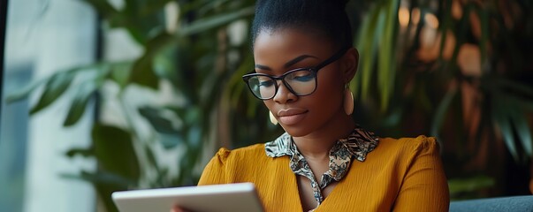 Businesswoman reviewing graphs and data with digital tablet in office 