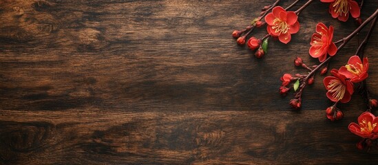 Chinese New Year festive decoration on wooden backdrop with space for text highlighting prosperity and spring themes for food and beverages