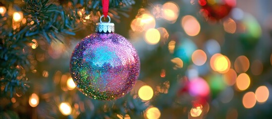 Fototapeta premium Christmas tree decoration with vibrant baubles shimmering against a soft backdrop of sparkling bokeh lights creating a festive atmosphere