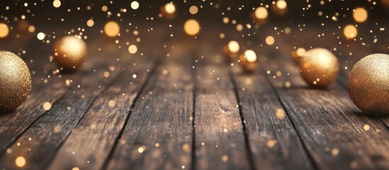 Holiday background with falling golden ornaments on a rustic wooden surface creating a festive and warm atmosphere for Christmas decorations