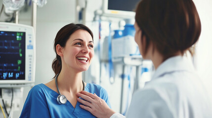 Female Patient Being Reassured By Doctor In Hospital Room