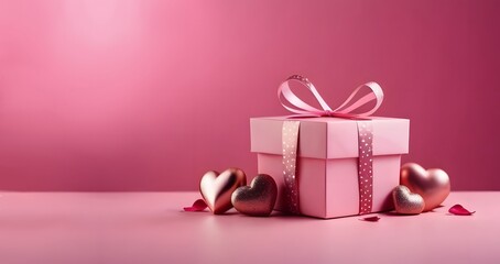 happy valentine day banner with gift box, hearts on pink background. 14 th February holiday sale coupon, festive discount flyer with empty copy space