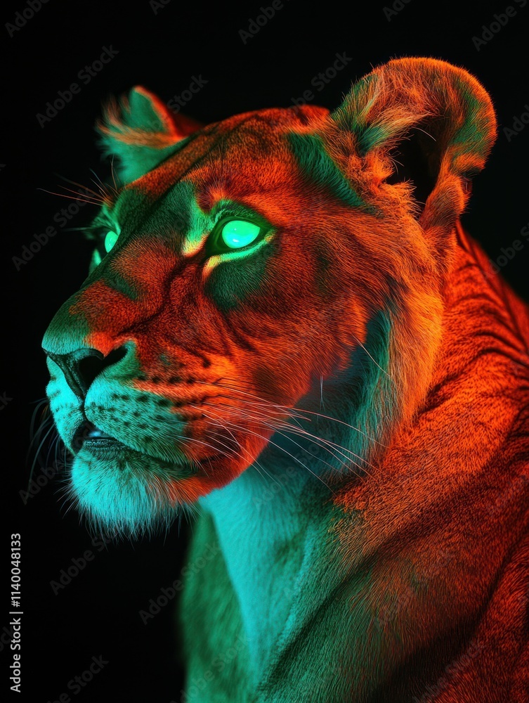 Poster a digitally illuminated lioness head with vibrant colors highlighting its features.