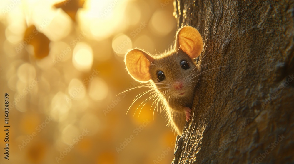 Aufkleber a cute mouse peeking from a tree trunk with a warm, blurred background of autumn leaves.