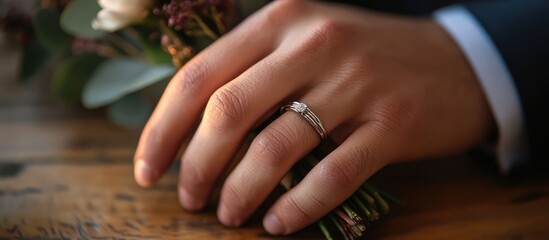 Obraz premium Elegant wedding ring resting on a hand holding a beautiful floral bouquet with delicate details and soft focus background.