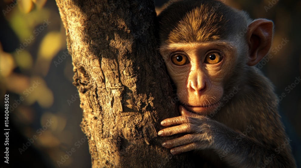 Poster A young monkey gazes thoughtfully while resting against a tree trunk in a natural setting.