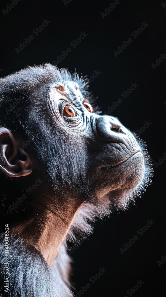 Poster a close-up portrait of a monkey, showcasing its expressive features against a dark background.