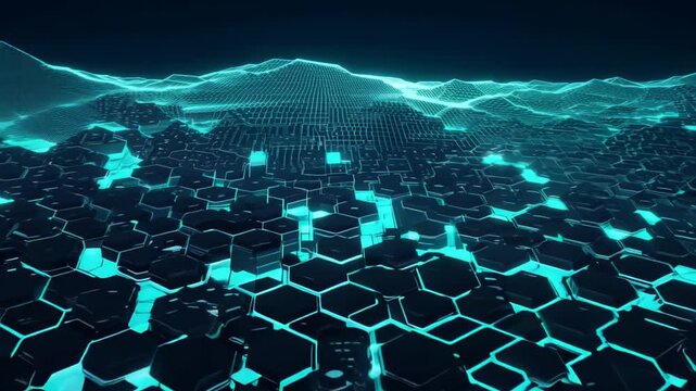 Stylish digital landscape featuring hexagonal patterns and glowing blue accents at night with a distant mountainous backdrop