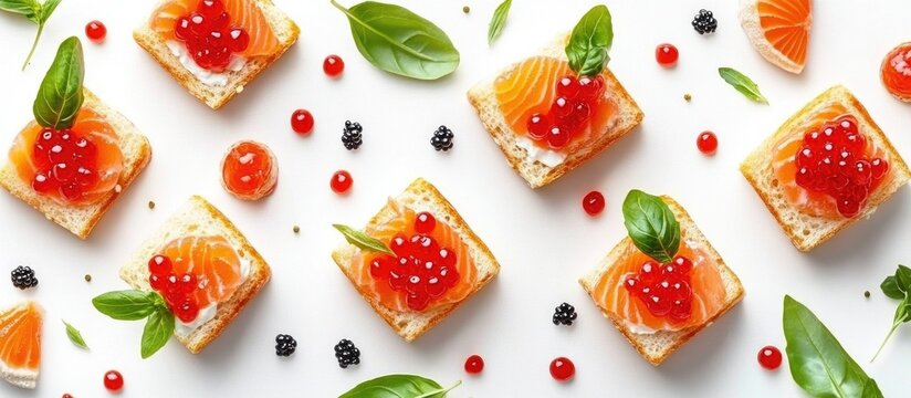 Aerial view of gourmet canapes with salmon and red caviar on a white platter perfect for stylish events and midday meals