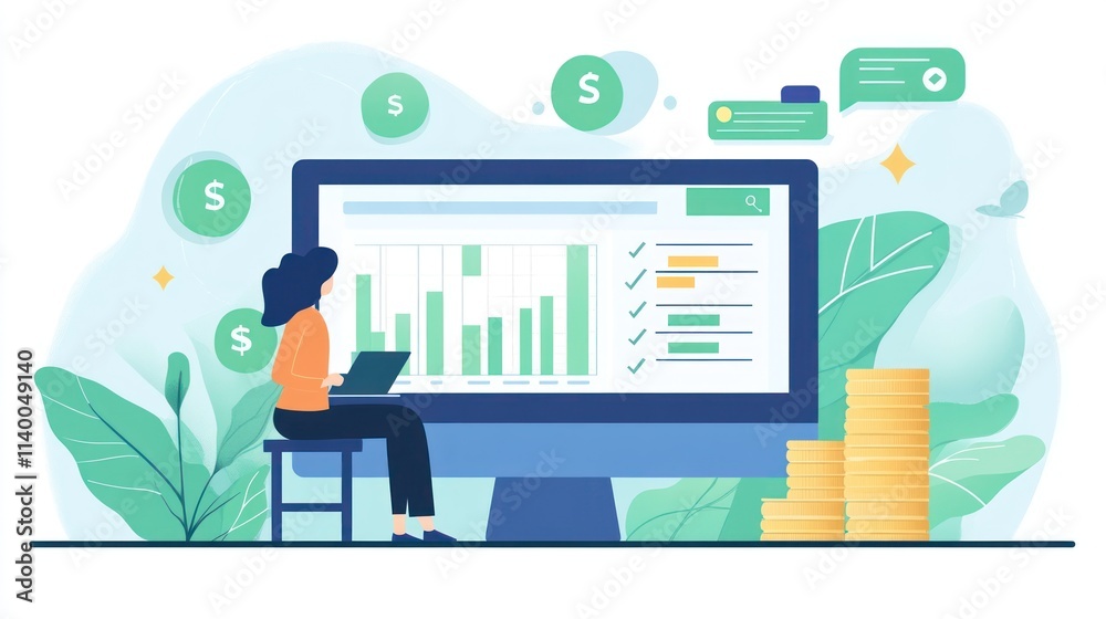 Poster A person analyzing financial data on a computer with charts and money symbols.