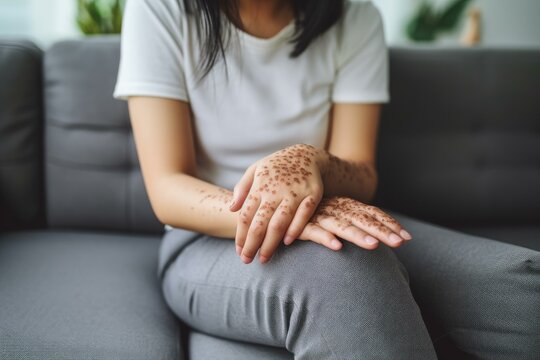Close up of woman's hands and arms covered in monkeypox blisters, highlighting the spread and appearance of the disease