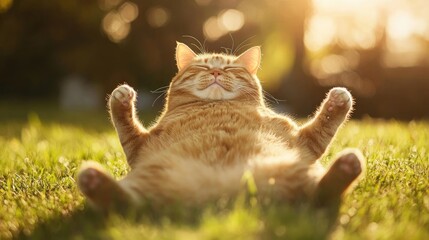 Chubby orange cat relaxing in sunlit grass enjoying a peaceful moment in nature