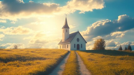 Scenic church landscape under a bright sky with fluffy clouds in a peaceful rural setting on a sunny day