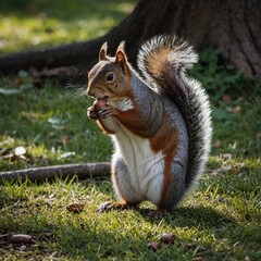 Obraz premium A squirrel with a fluffy tail nibbling on a nut in a peaceful park.
