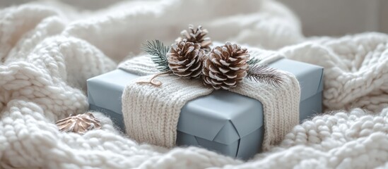 Elegant blue silver gift box decorated with pine cones and twigs on a cozy white knitted blanket ready for Christmas celebrations