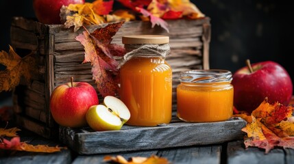 Rustic autumn apple cider and preserves with fresh apples and fall leaves Apple Gifting Day