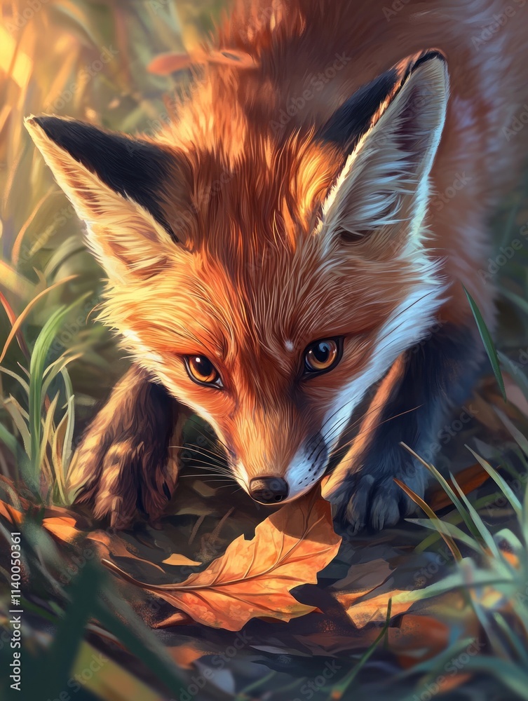 Poster A close-up of a fox curiously examining a fallen leaf in a grassy setting.