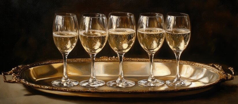 Elegant champagne glasses arranged on an ornate tray ready for celebration and luxury event occasions with a dramatic backdrop