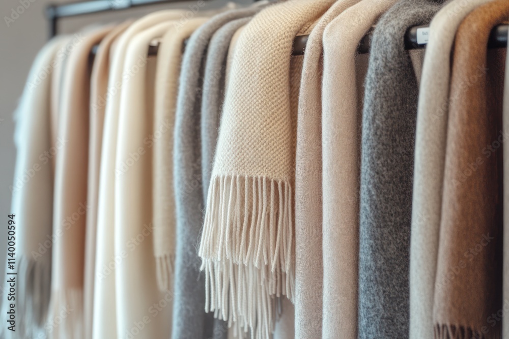 Poster a display of various soft scarves hanging on a rack.