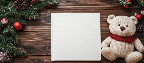Obraz premium Christmas bear and blank book on wooden table with festive decorations and greenery for holiday-themed imagery and storytelling.