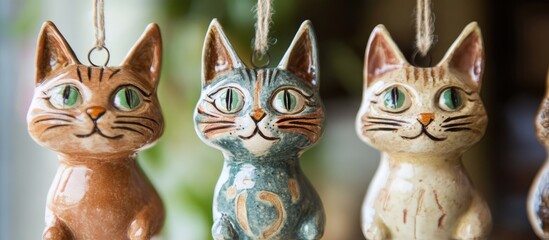 Fototapeta premium Handmade ceramic cat figurines featuring colorful designs, perfect for home decor or artistic display.