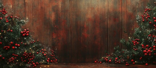 Rustic wooden Christmas backdrop adorned with festive greenery and red berries, ideal for seasonal text or holiday-themed designs