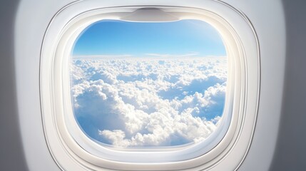 Clouds and Blue Sky View from an Airplane Window Capturing the Serenity of Flight