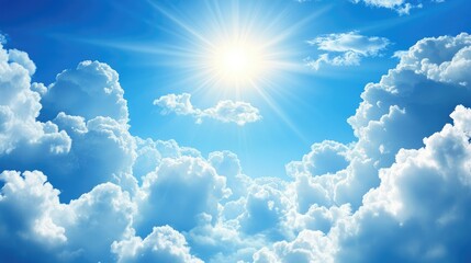 Serene blue sky with radiant sun illuminating fluffy white clouds creating a tranquil backdrop for various projects