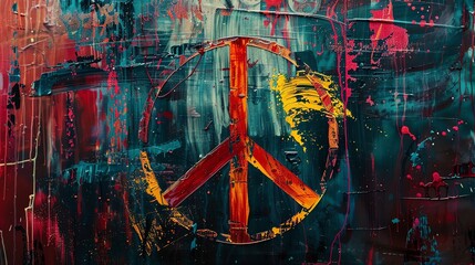 Naklejka premium A peace symbol painted on a colorful, abstract background.