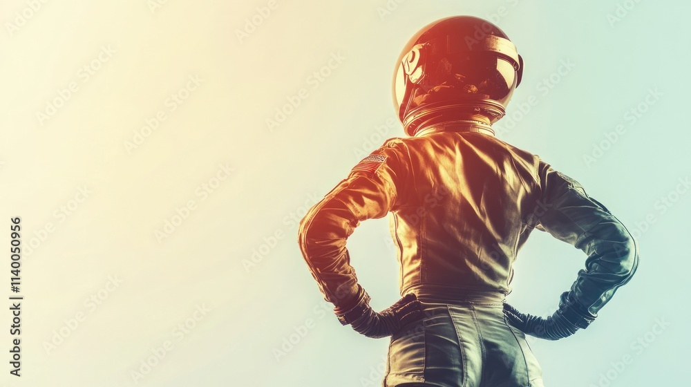 Poster a figure in a spacesuit stands confidently, gazing into the distance, symbolizing exploration.