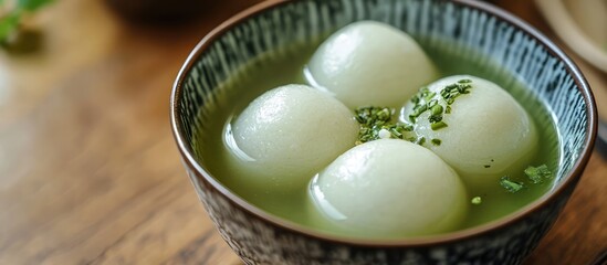 Fototapeta premium Close up of tangyuan filled with matcha served in sweet matcha soup in a decorative bowl on a rustic wooden table for festive celebration