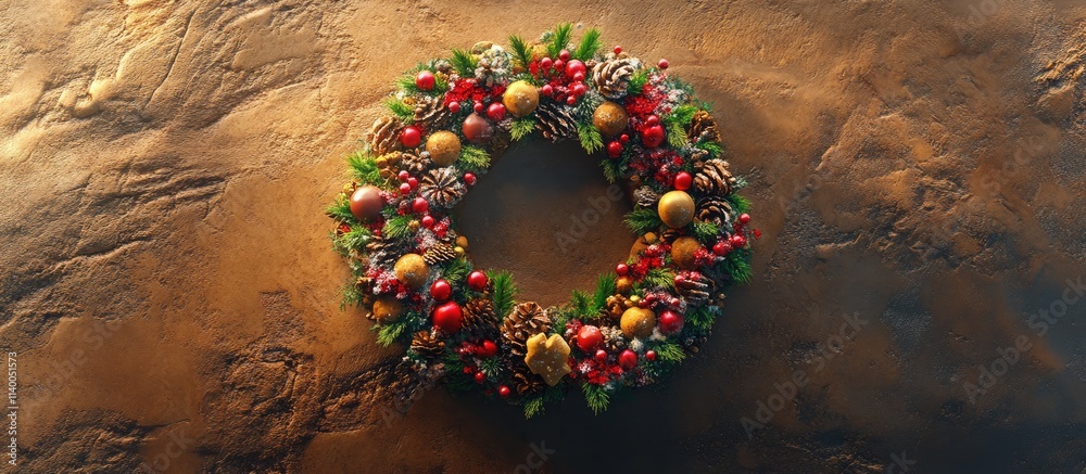 Canvas Prints Festive gingerbread Christmas wreath adorned with colorful decorations and greenery captured from an aerial perspective