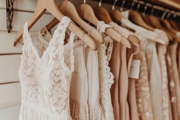 A display of elegant lace dresses hanging on wooden hangers in a boutique setting.