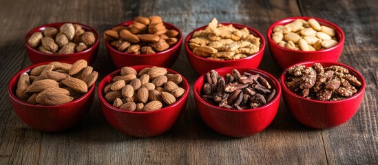 Christmas cookie assortment with spices and nuts in red bowls on a rustic wooden table creating a festive holiday atmosphere