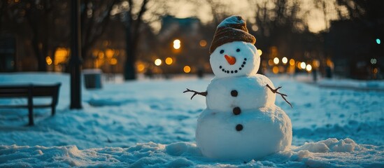 Obraz premium Cheerful snowman with hat in snowy park during evening surrounded by warm glowing lights and winter trees