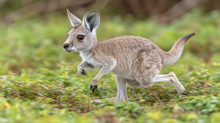 Young kangaroo hopping in green grass.