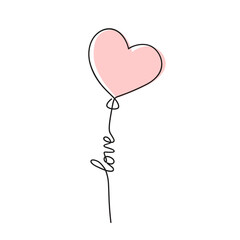 Heart balloon drawn with one continuous line. Cute symbol love. Art icon with pink hearth. Hand draw outline isolated on white background. Drawing lineart prints. Wedding design. Vector illustration © Omeris