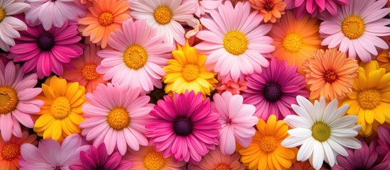 Fototapeta premium Colorful floral flat lay composition with vibrant flowers providing ample copy space for creative design or advertising purposes.