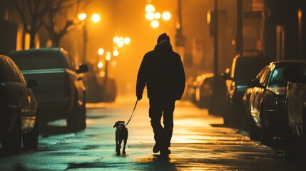 Person Walking a Dog in a Quiet City Street
