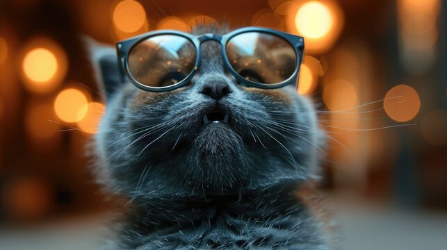 A cool cat wearing sunglasses, exuding a confident and stylish vibe against a blurred background.