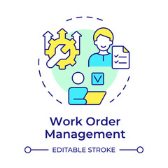 Work order management multi color concept icon. Core feature of FMS system. Field service management. Round shape line illustration. Abstract idea. Graphic design. Easy to use in article