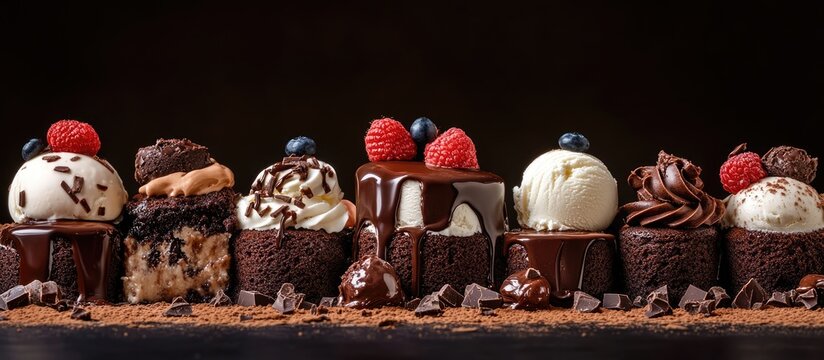 Decadent chocolate cakes and creamy ice cream desserts beautifully arranged with fresh berries on a dark backdrop for an indulgent treat.