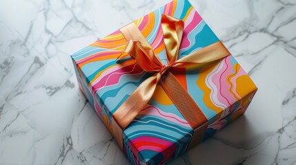 Naklejka premium A colorful gift box with a gold ribbon sits on a marble surface, ready for a special occasion.