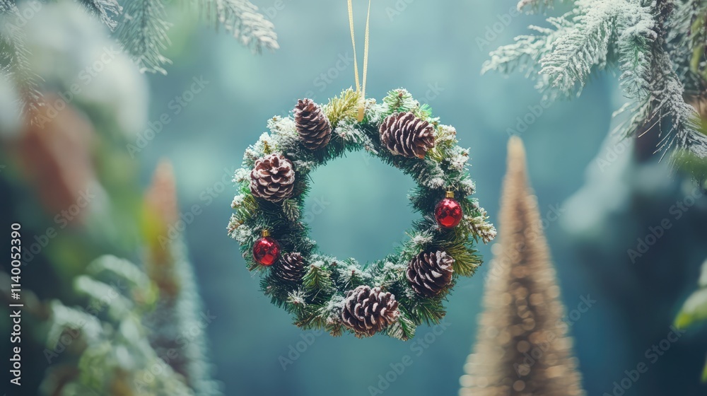 Wall mural Festive Christmas wreath adorned with pinecones and red ornaments hanging over a softly blurred winter background